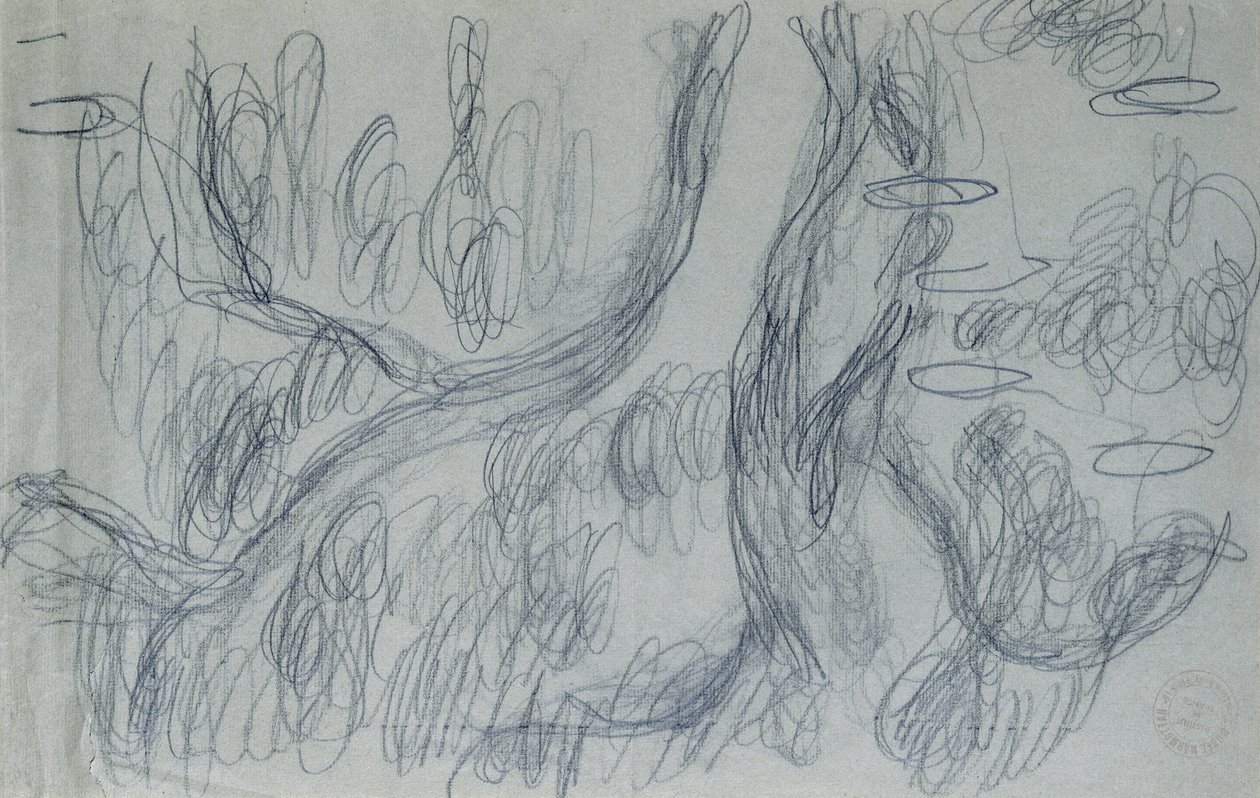 Reflections of Willows, ca 1918 (svart krita på blågrått papper) av Claude Monet