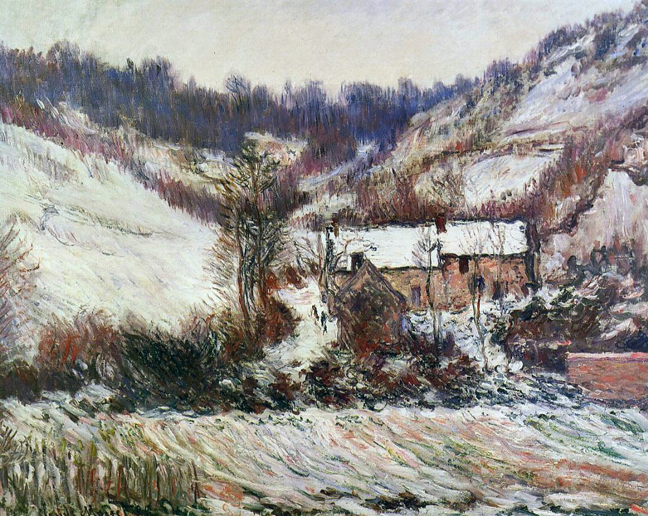 Snö nära Falaise, Normandie, ca 1885-86 av Claude Monet