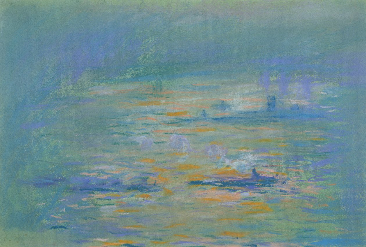 Bogserbåtar på Themsen (pastell på papper) av Claude Monet