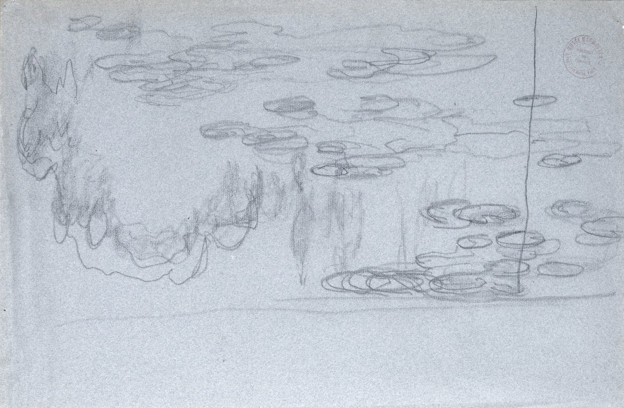 Näckrosor, ca 1918 (svart krita på papper med blå krita) av Claude Monet