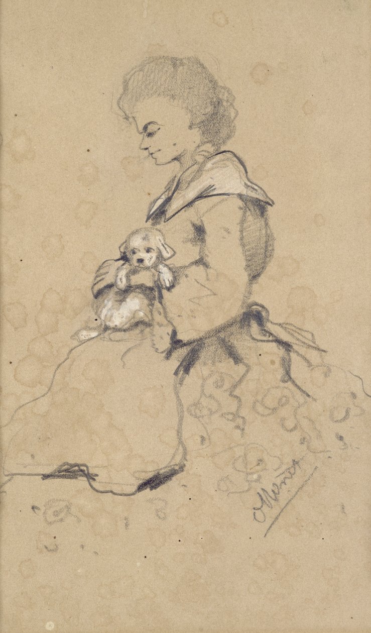 Kvinnor som håller en liten hund, 1857 (svart och vit krita på papper) av Claude Monet
