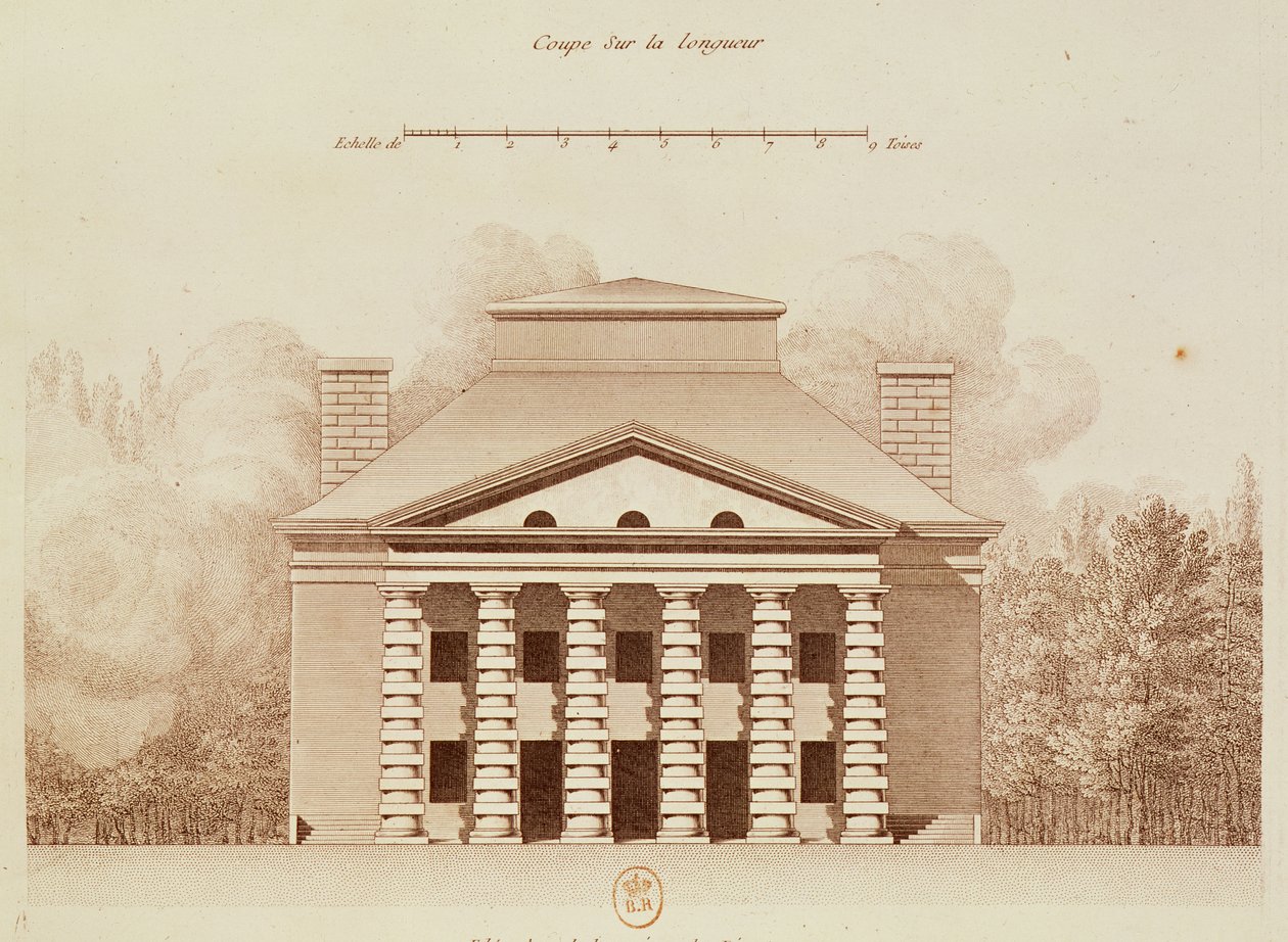 Förhöjning av huset till chefen för saltverket i den "ideala staden" Chaux, graverad av Louis Sellier (f.1757) av Claude Nicolas Ledoux
