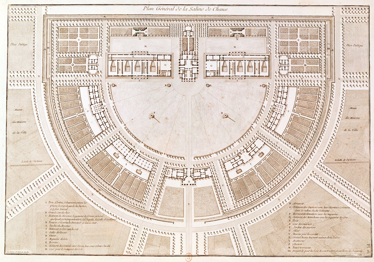 Översiktsplan över saltverket i "idealstaden" Chaux, graverad av Louis Sellier (f.1757). av Claude Nicolas Ledoux