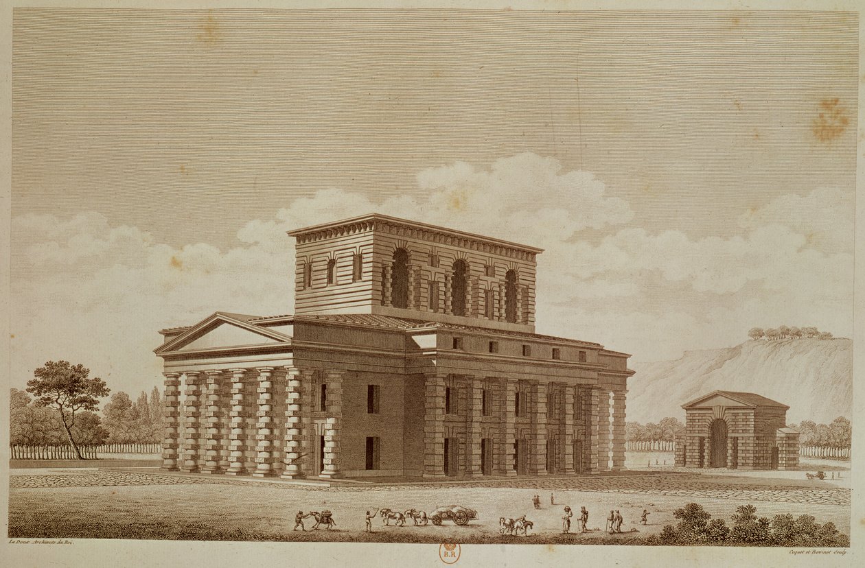 Perspektivvy av huset till chefen för saltverket i den "ideala staden" Chaux, graverad av Louis Sellier (f. 1757) och Coquet, ca 1801 av Claude Nicolas Ledoux