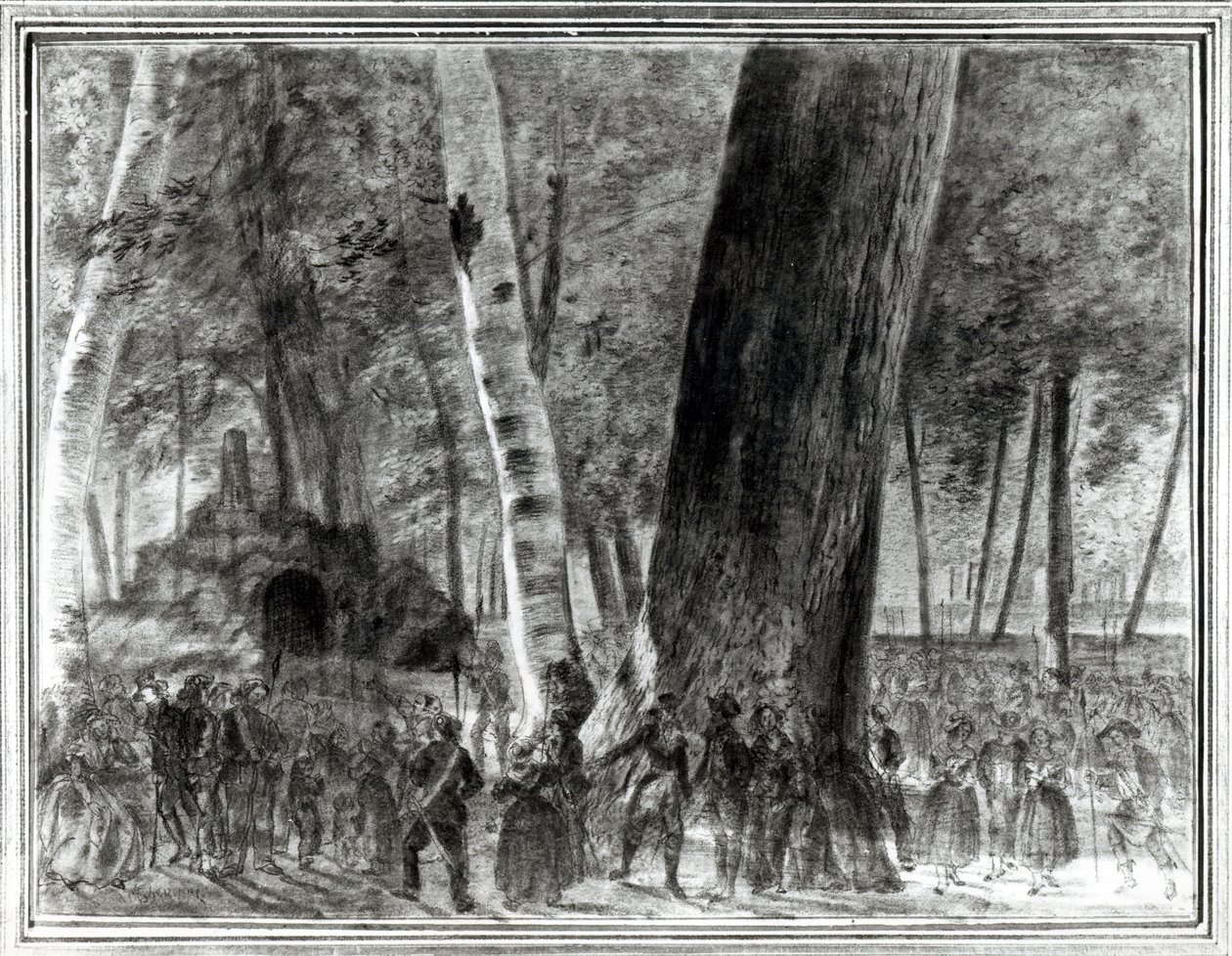 Jean Paul Marats kropp (1743-93) i trädgården i Club des Cordeliers, (kol på papper) av Claude Noel Thevenin