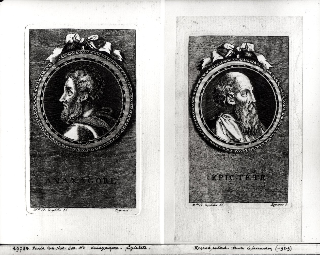 Anaxagorus (500-428 f.Kr.) och Epictetus (1:a århundradet) graverade av S. Beyssent av Claude Reydellet