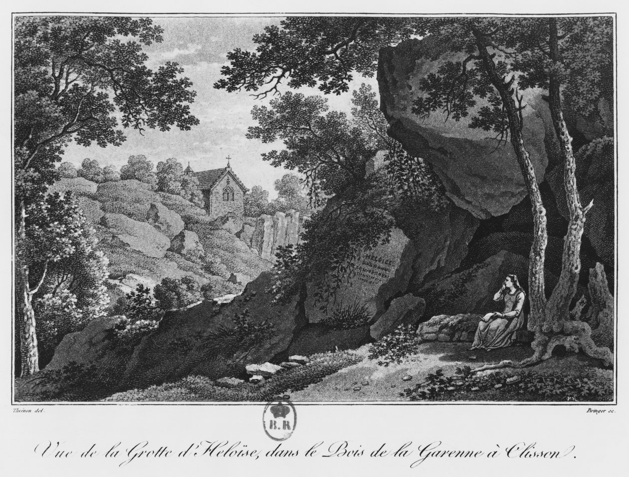 Utsikt över Heloise-grottan i parken La Garenne vid Clisson, illustration från "En pittoresk resa i bocage de la Vendee eller utsikt över Clisson och dess omgivningar", 1817 (akvatint) av Claude Thienon