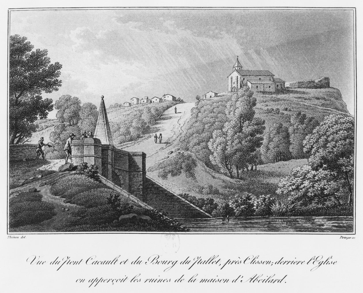 Utsikt över Cacault-bron och byn Pallet, nära Clisson, ruinerna av Abelards hus, illustration från 