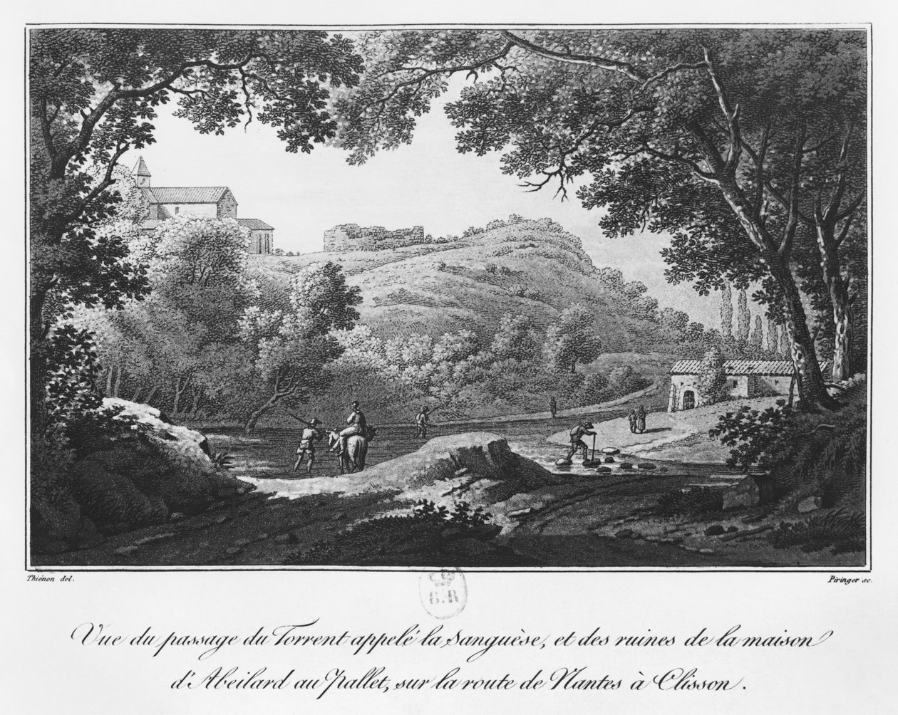 Utsikt över strömmen känd som La Sanguese och ruinerna av Abelards hus vid pallen, på vägen från Clisson till Nantes, illustration från 