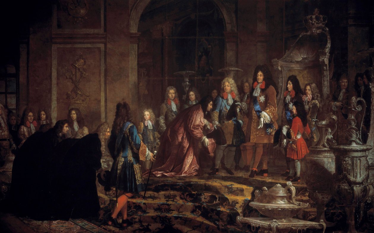Reparation gjordes till kung Ludvig XIV av Doge of Genes i Galerie des Glaces i Versailles, 15 maj av Claude Guy Halle