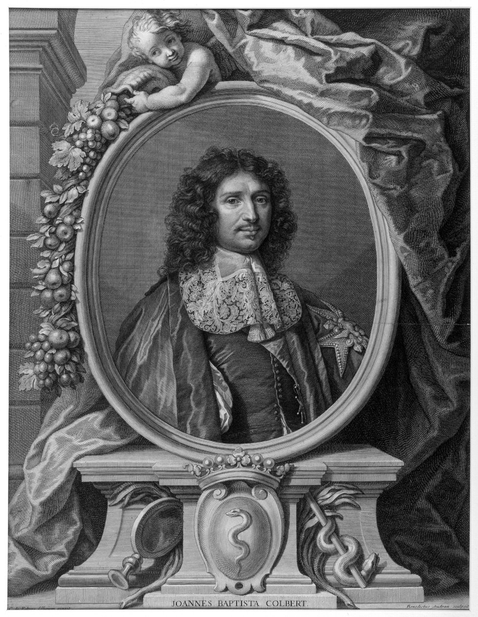 Porträtt av Jean Baptiste (Jean-Baptiste) Colbert (1619-1683) av Benoît I Audran efter Claude Lefebvre, gravyr 1709. av Claude (after) Lefebvre