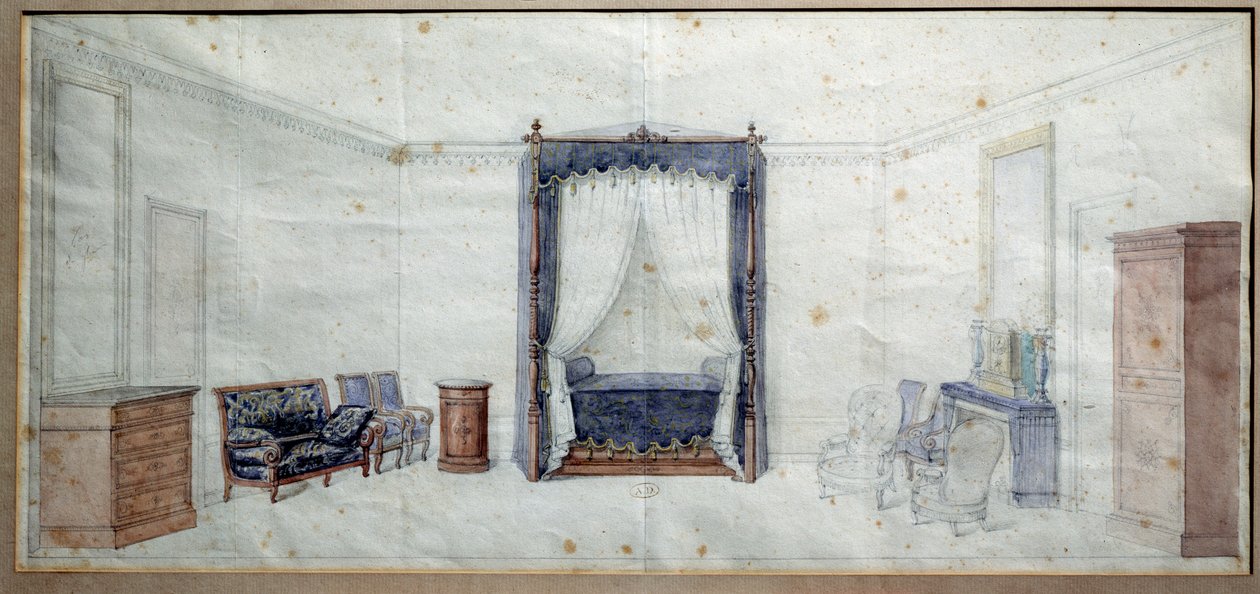 Sovrum (med byrå, kanapé, fåtölj och himmelssäng). Akvarell av Claude Aime Chenavard (1798-1838) av Claude Amie Chenavard