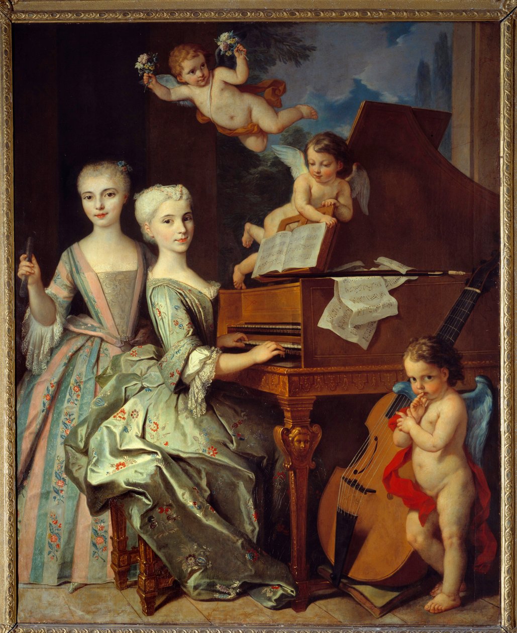 Adelaide de Gueidan och hans syster vid cembalo: Adelaide (1725-1786) och hennes syster Catherine (1726-1759) är medlemmar av en stor provensalsk familj. De är omgivna av musikaliska änglar. 1735-1740. Olja på duk av Claude Arnulphy (1697-1786). Musee av Claude Arnulphy