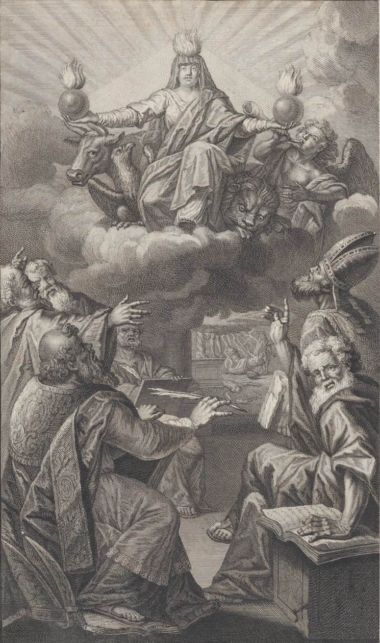Allegorisk figur som dyker upp på molnen över huvudet medan en grupp män som samlats nedan ser ut..., 1728. av Claude Augustin Duflos