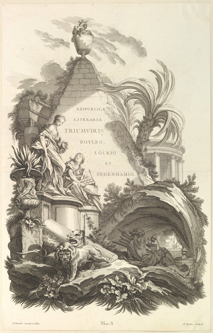 Frontispice för Tomb of Boyle, Locke och Sydenham Frontispice för graven..., ca. 1736. av Claude Augustin Duflos
