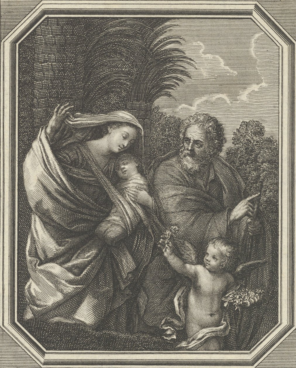 Flygningen till Egypten, den heliga familjen som vandrar med den unge Johannes Döparen, tre..., ca. 1720-86. av Claude Augustin Duflos