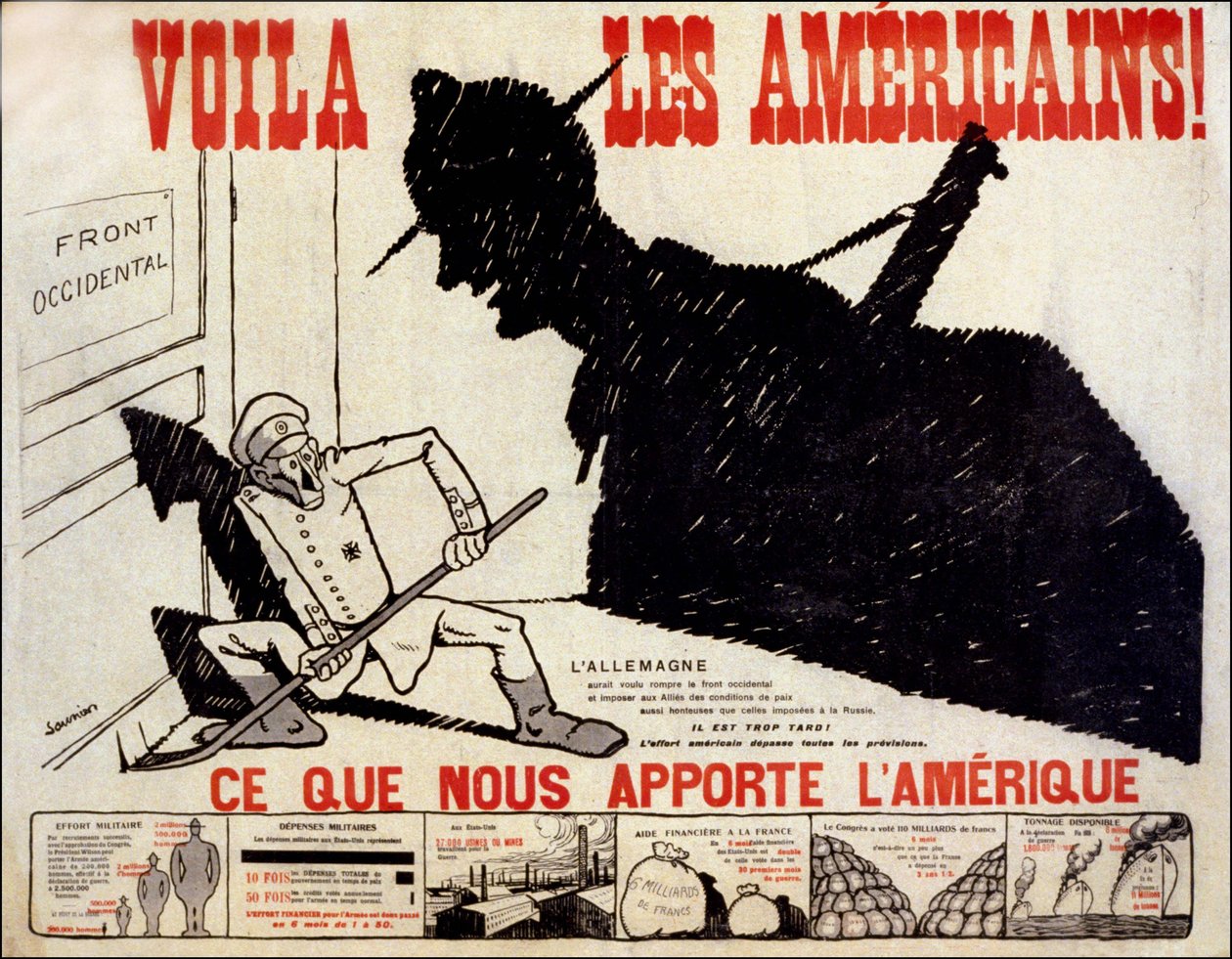 Här är amerikanerna och vad Amerika ger oss - affisch om den amerikanska krigsansträngningen, ill. av Charles Saunier (född 1865) av Claude Charles (attr. to) Saunier