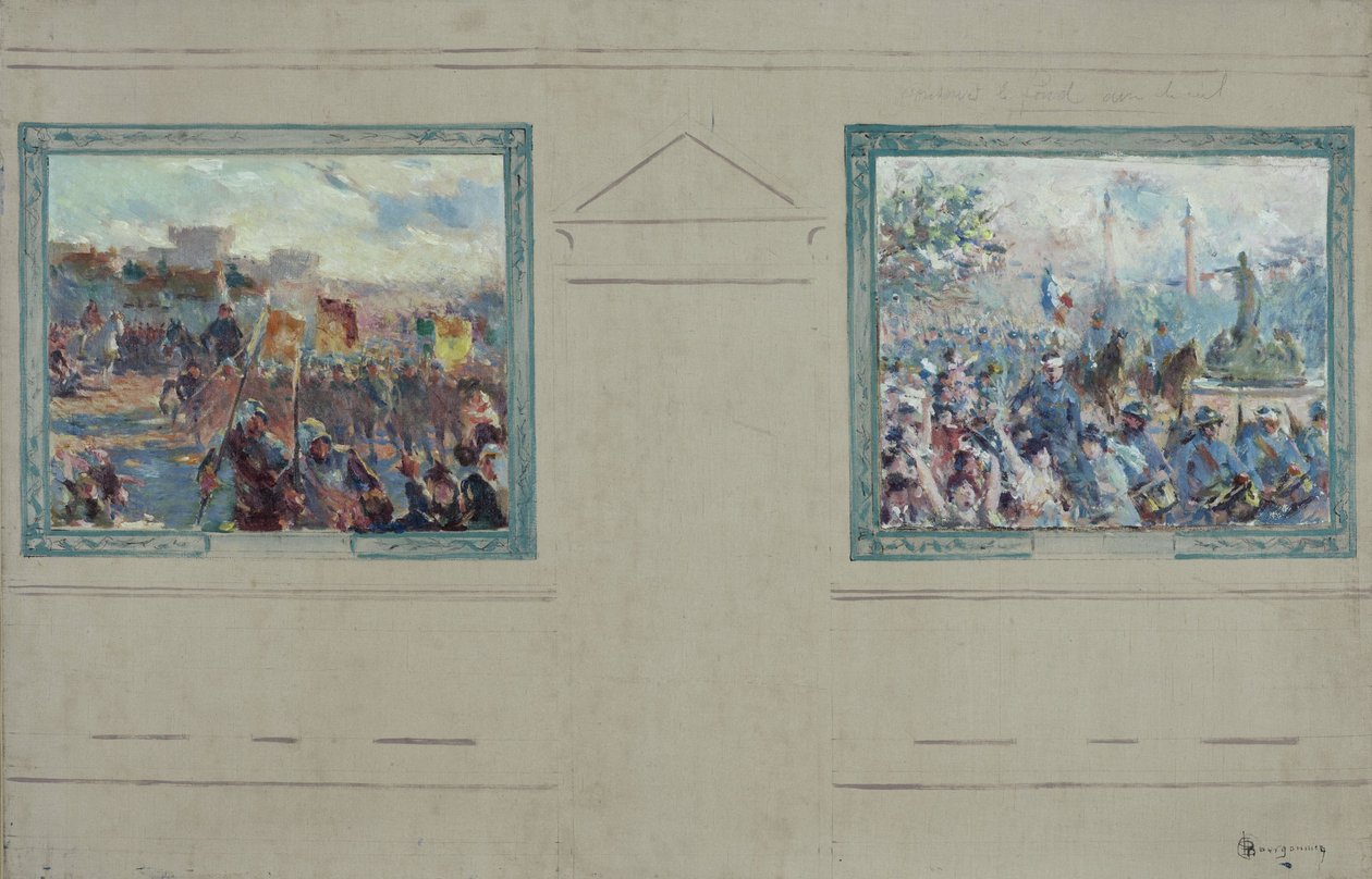 Skiss till stadshuset i Paris 12:e arrondissement: Revue militaire. Défilé place de la Nation, cirka 1910 (olja på duk) av Claude Charles Bourgonnier