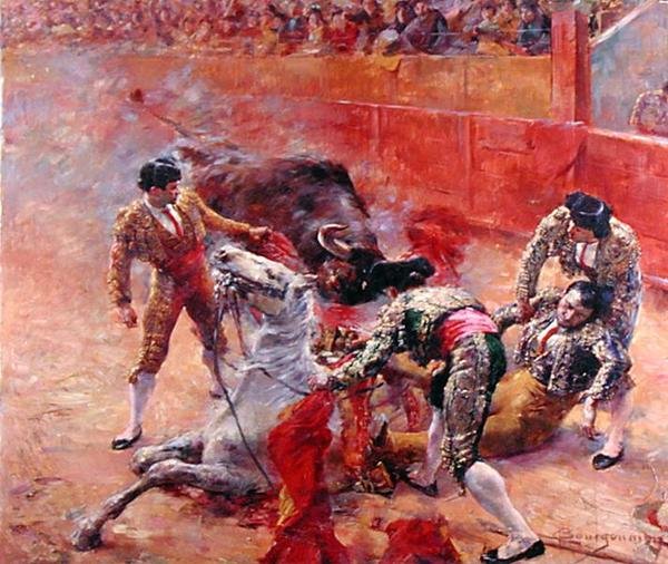 Picador som faller (olja på duk) av Claude Charles Bourgonnier