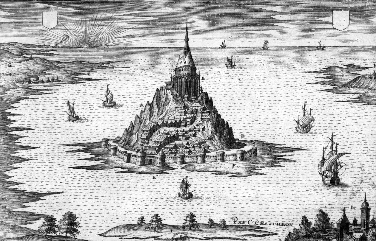 Mount Saint Michel i Normandie (Frankrike), gravyr av Chastillon av Claude Chastillon