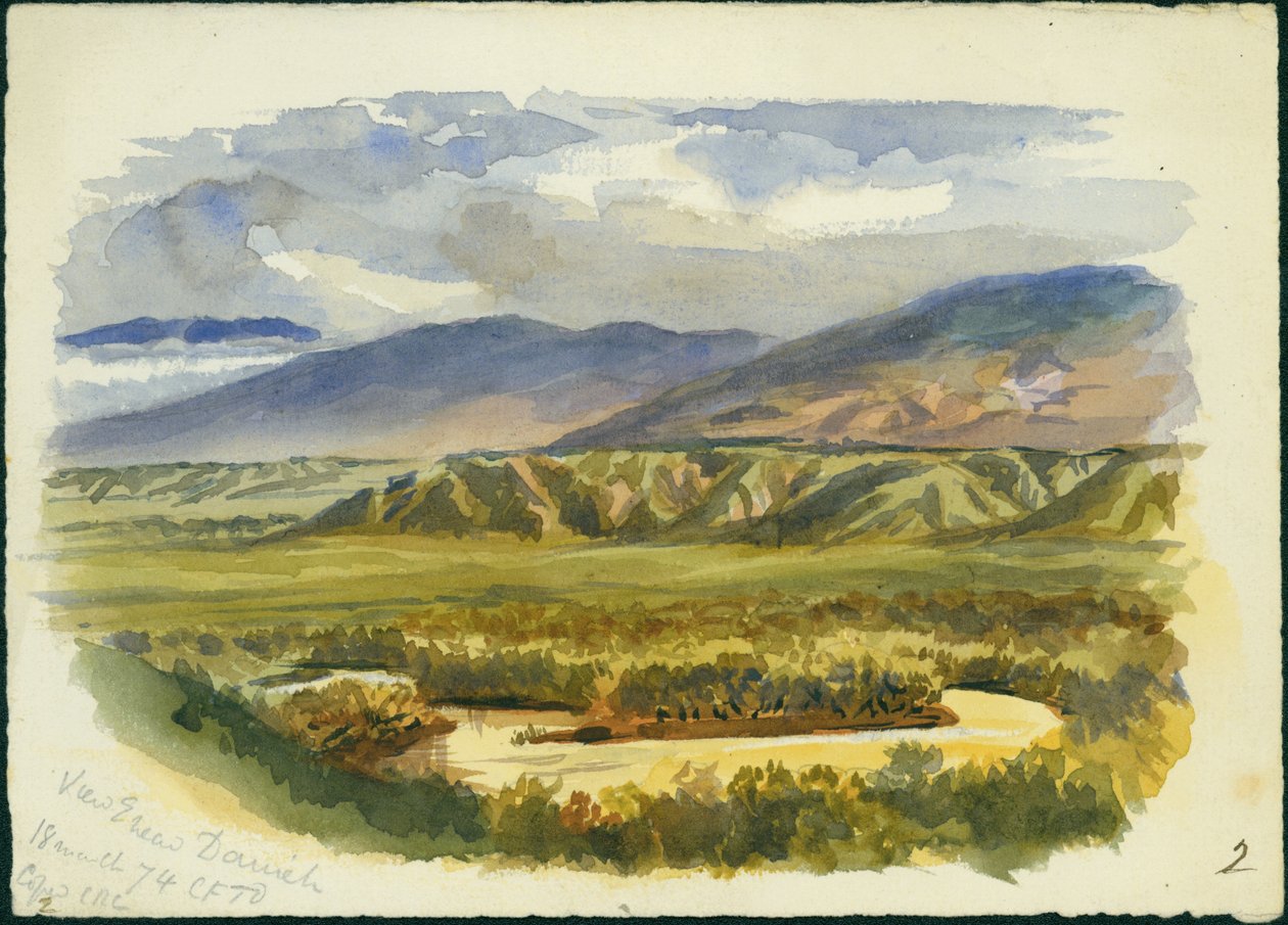 Utsikt nära Damieh, Jordan Valley, 1874 (wc och penna på papper) av Claude Conder