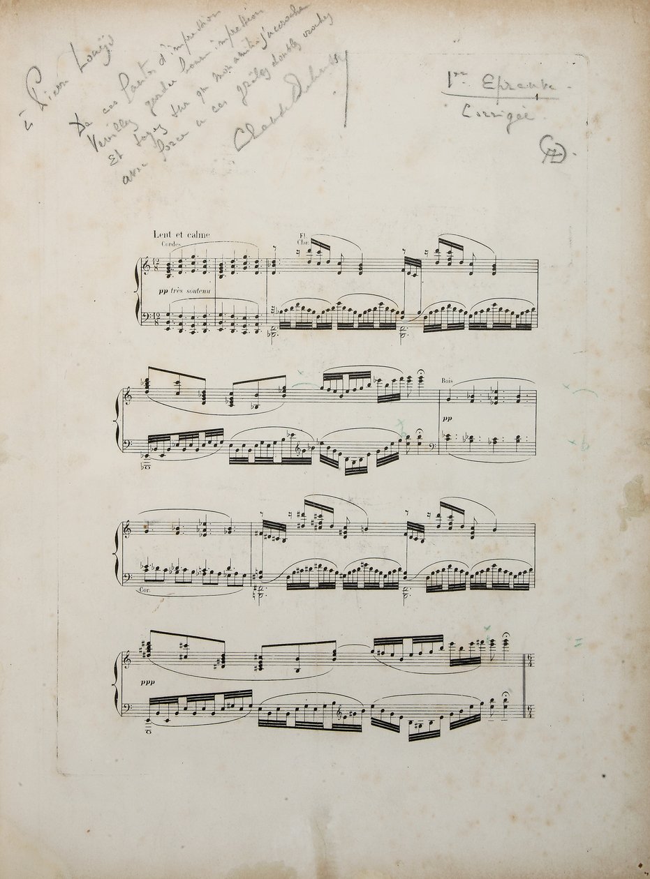 Sida från det första korrigerade beviset för "La damoiselle elue", c.1887-88 av Claude Debussy