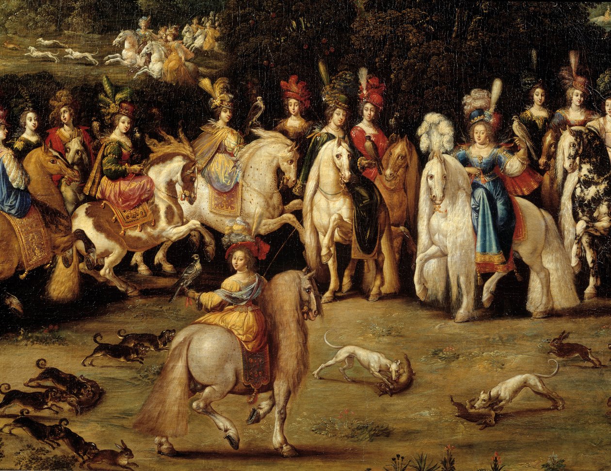 De fyra elementen. Luftdetalj: Ecuyere jaktfalk. Målning av Claude Deruet (1588-1662) av Claude Deruet