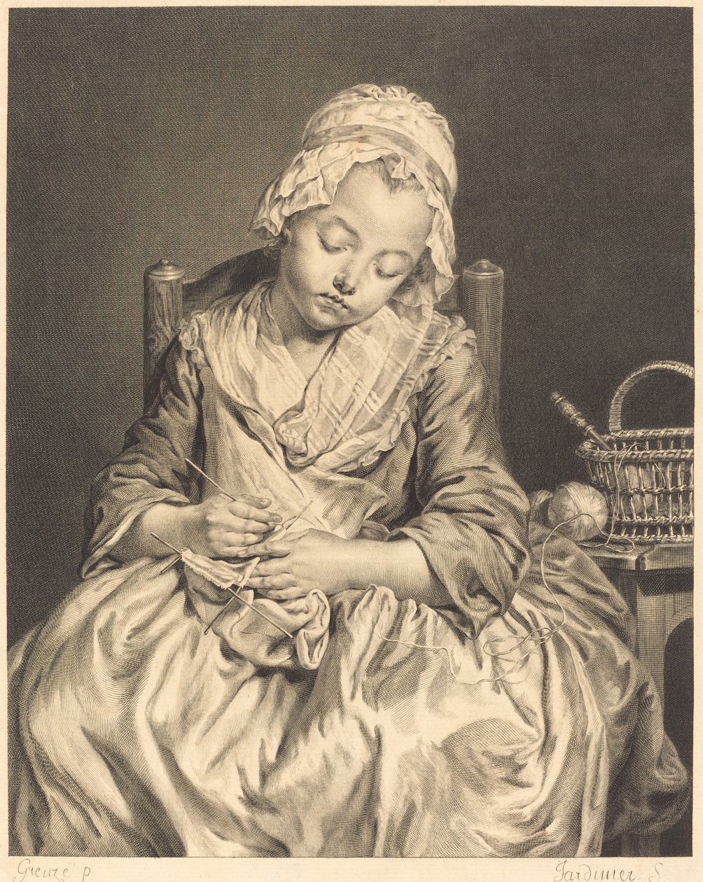 Den sovande stickaren av Claude Donat Jardinier after Jean Baptiste Greuze