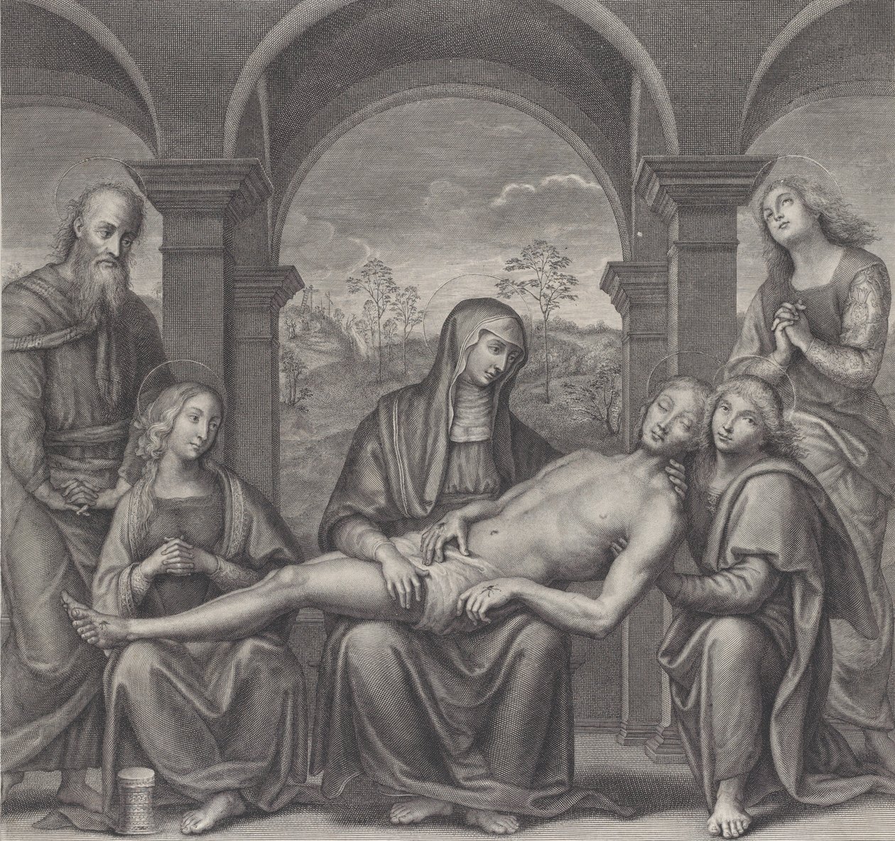 Kristus i graven, vilande över Jungfruns knä, efter Perugino, ca. 1685-1727. av Claude Duflos