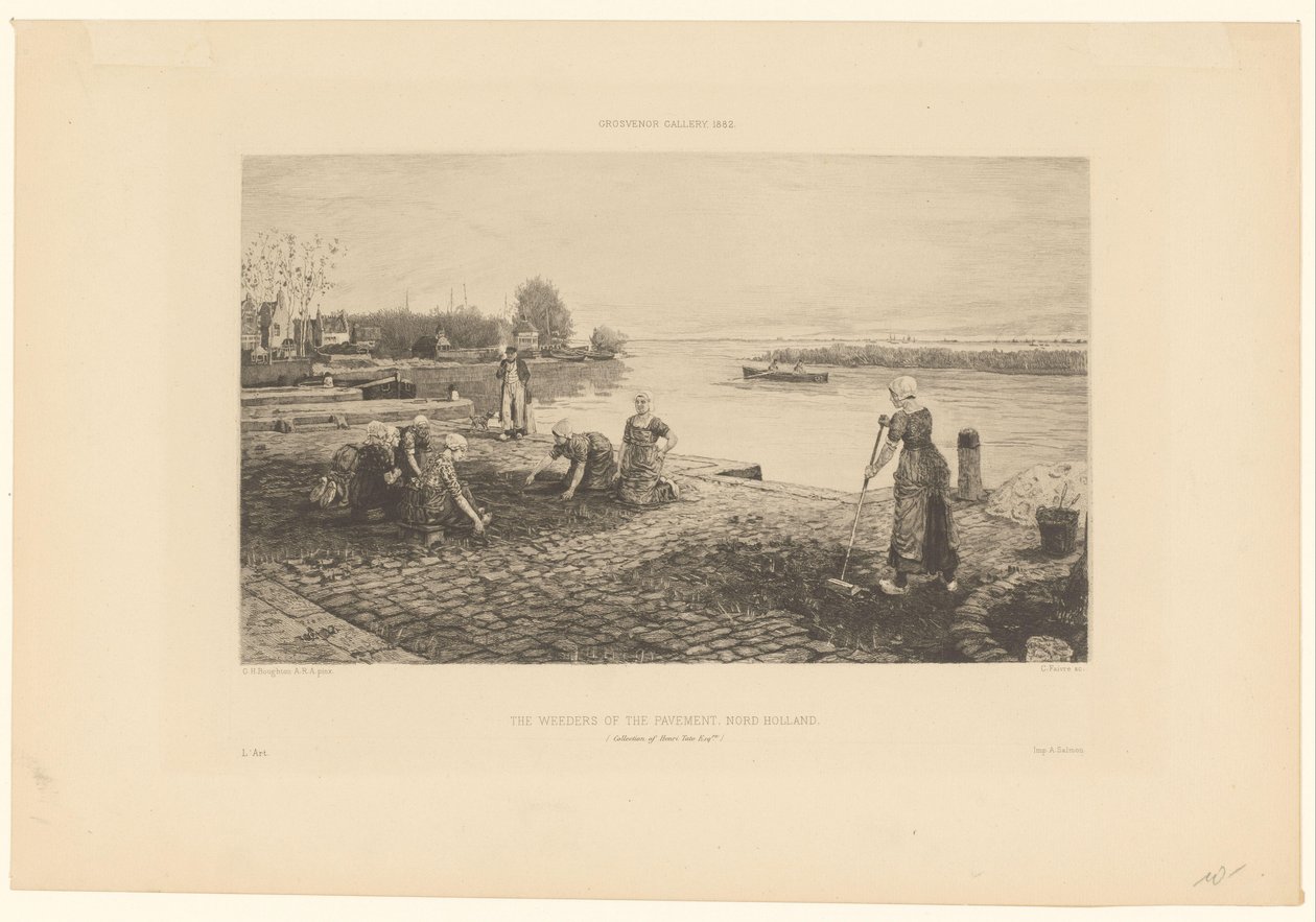 Kvinnor som renar en kaj i norra Holland Trottoarens ogräsmaskiner, Nord Holland (titel på objektet) av Claude Faivre