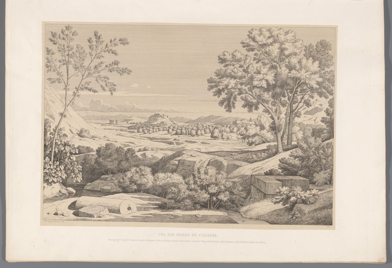 Gezicht op de oever van de rivier Ilisos Vy över kanterna på ilissus. (titel på objekt) Utsikt över de mest kända platserna i det antika Grekland (...) (serietitel) av Claude Félix Théodore Caruelle d