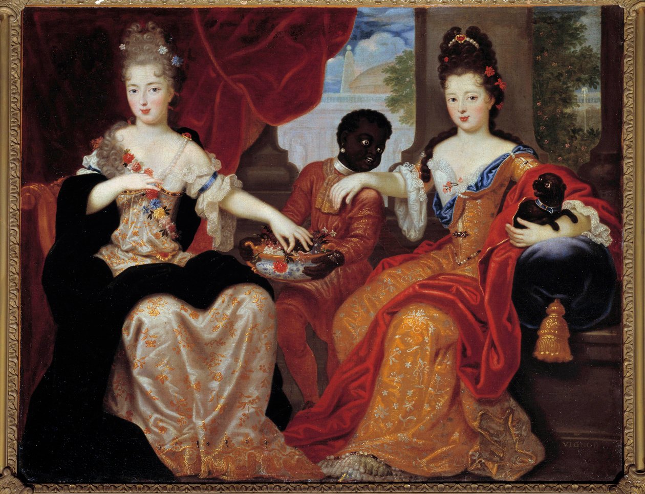 Porträtt av Mademoiselle de Blois och Mademoiselle de Nantes serveras av deras svarta tjänare”””. Mademoiselle de Blois (1677-1749), framtida fru till Louis de Bourbon, Mademoiselle de Nantes (1673-1743), blivande hertiginna av Orleans. Målning av Claude F av Claude Francois Vignon