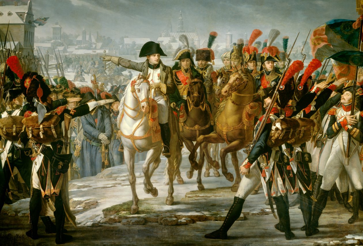 Kejsar Napoleon I (1769-1821) harrangerade den stora arméens 2:a kår på bron Lech före attacken av Augsburg 1805-10-12 Målning av Claude Gautherot (1769-1825) 1808 Sön. 3,85x6,2 m av Claude Gautherot