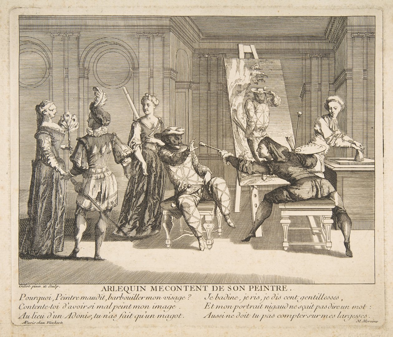 Harlequin Missnöjd med sin målare.n.d. Skapare: Claude Gillot, Jacques Gabriel Huquier. av Claude Gillot, Jacques Gabriel Huquier