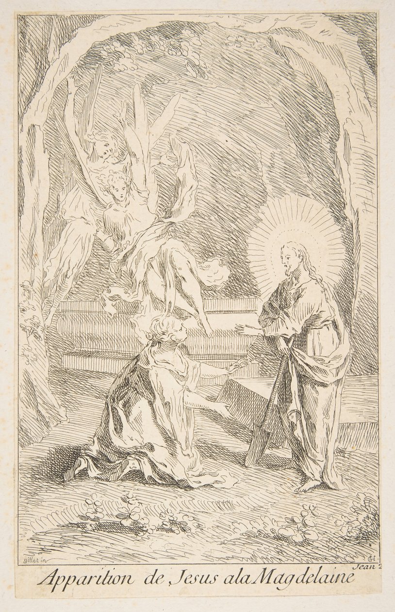 Kristus visar sig för Maria Magdalena.a.n.d. Skapare: Claude Gillot, Jacques Gabriel Huquier. av Claude Gillot, Jacques Gabriel Huquier