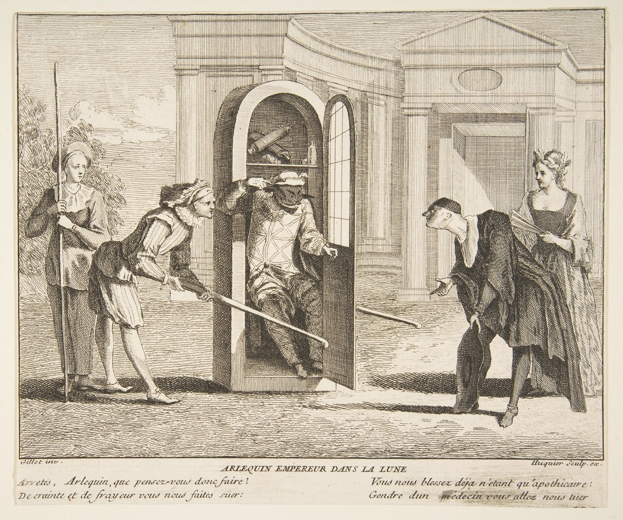 Harlequin, kejsare på månen.n.d. Skapare: Claude Gillot, Jacques Gabriel Huquier. av Claude Gillot, Jacques Gabriel Huquier