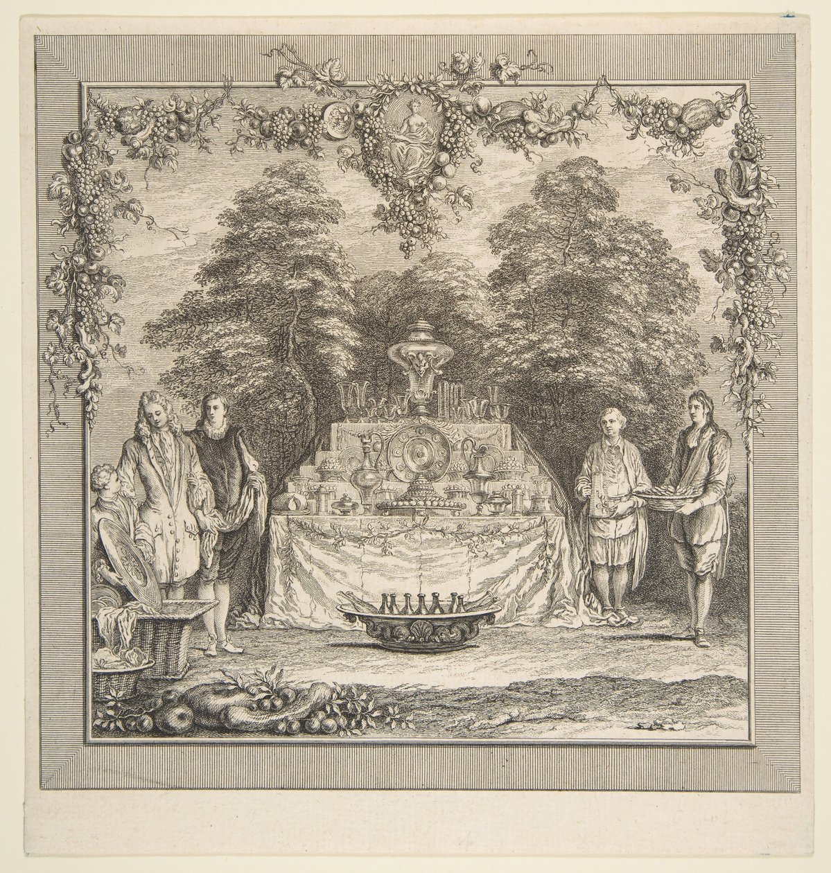 Mellanmålet tillagat i en trädgård.n.d. Skapare: Claude Gillot, Jacques Gabriel Huquier. av Claude Gillot, Jacques Gabriel Huquier