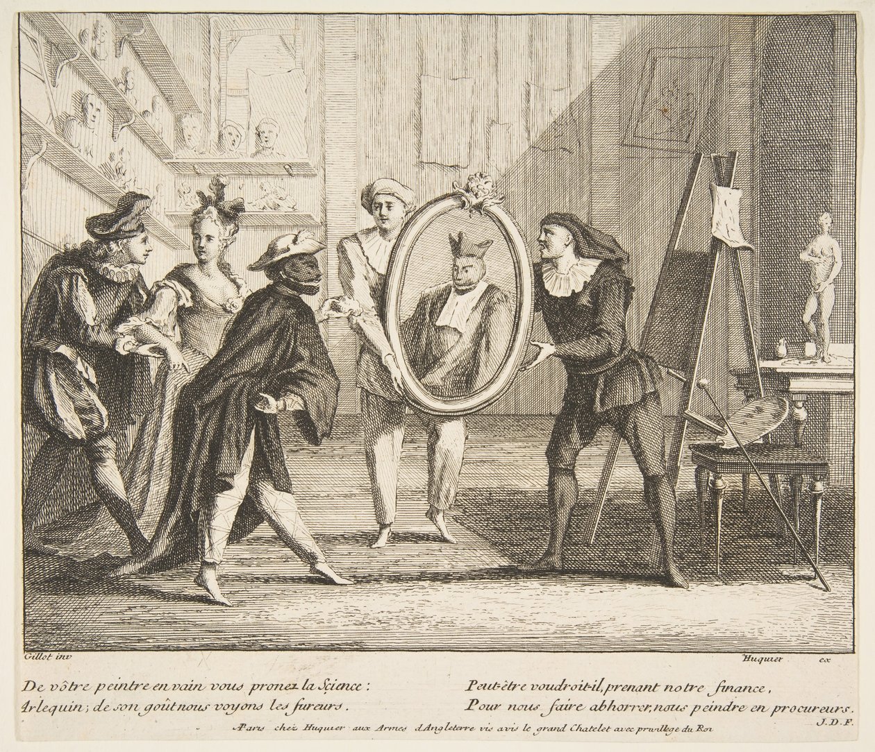 Pierrot och Scaramouche visar porträttet av Harlequin.n.d. Skapare: Claude Gillot, Jacques Gabriel Huquier. av Claude Gillot, Jacques Gabriel Huquier
