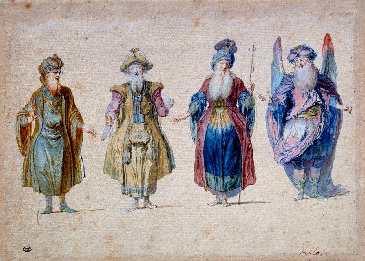 Fyra präster av teater Aquarelle av Claude Gillot (1673-1722) Paris, Louvren av Claude Gillot