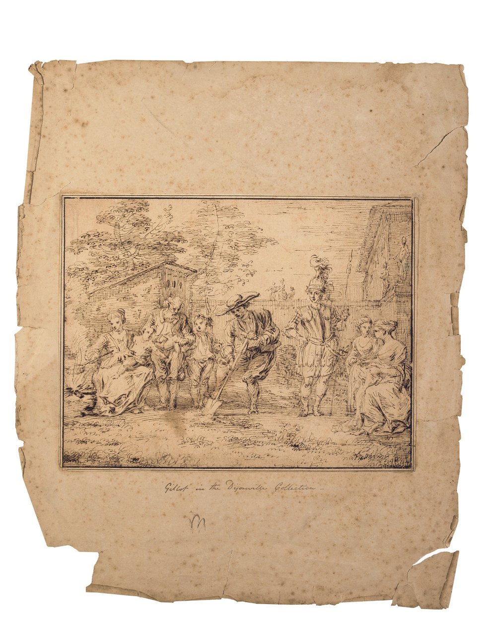 Les quatre âges de la vie: Sju figurer i en trädgård, en gräver med en spade (penna och brunt bläck) av Claude Gillot
