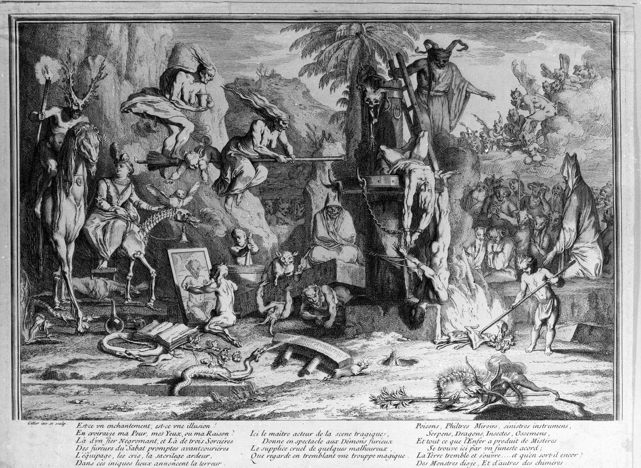 Sabbatsceremonier, demoner, häxor och monstruösa varelser som dansar. Gravyr av Gillot av Claude Gillot