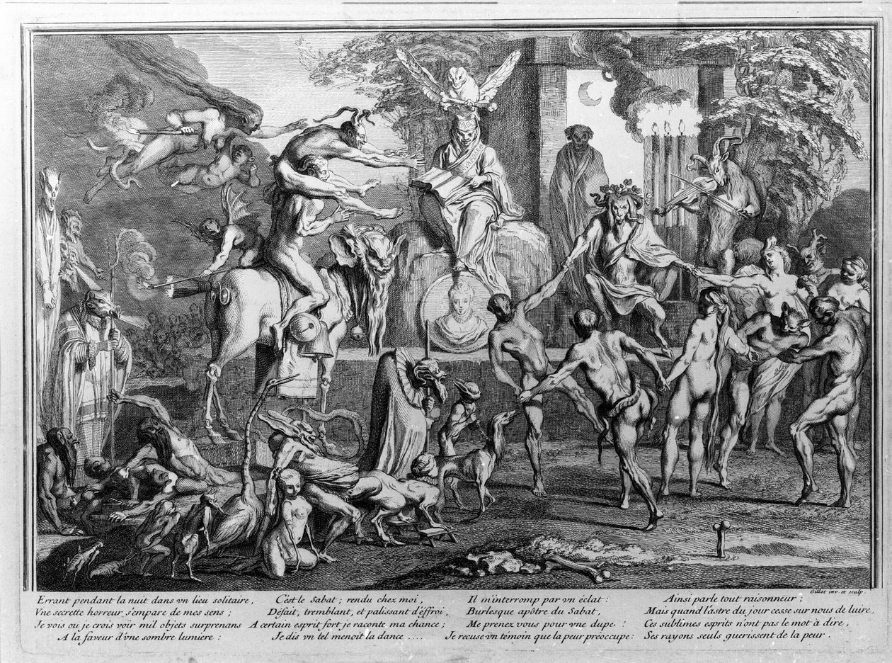 Sabbatsceremoni, demoner, häxor och monstruösa varelser som dansar. Gravyr av Gillet av Claude Gillot