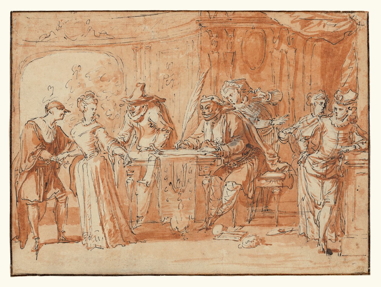 Szene aus der italienischen Komödie (recto); Figurenstudie (verso) av Claude Gillot