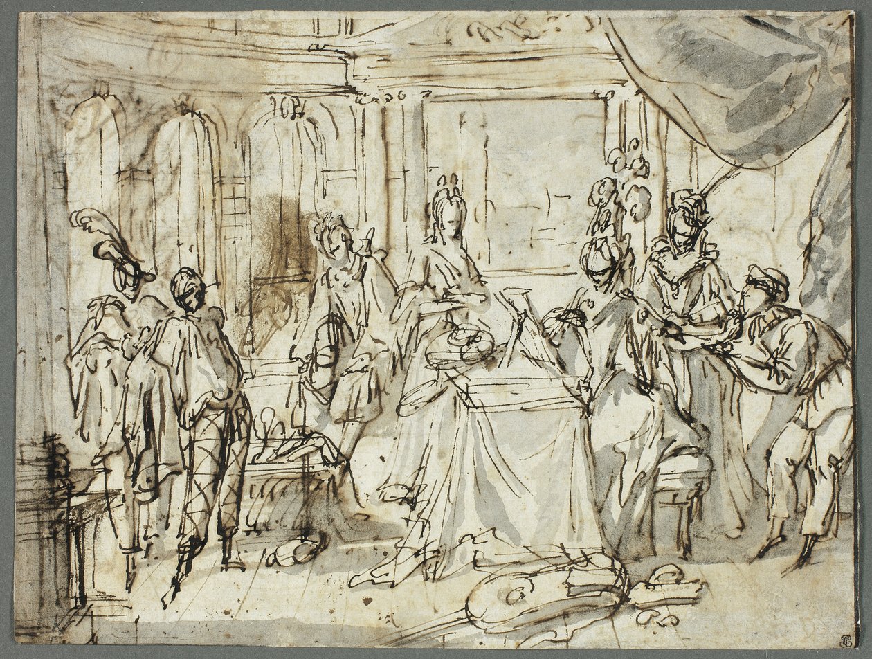 Skådespelarna gör sig redo (recto); Studier av den heliga familjen och Johannes Döparen (verso) av Claude Gillot