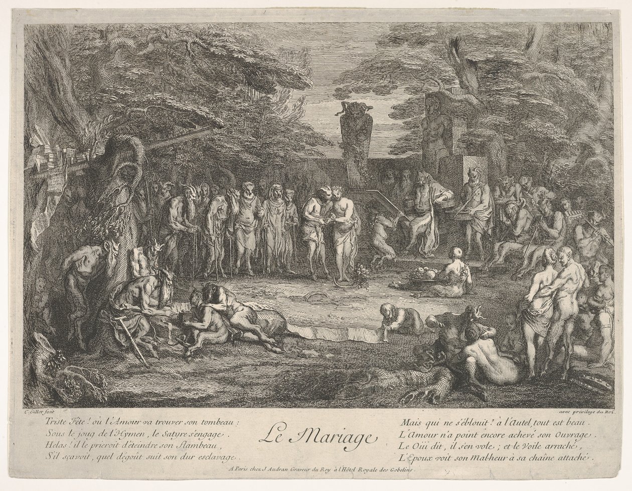 Äktenskapet Le Mariage: i en skog gifter sig en gammal satyr med den trolovade i cen..., ca. 1700-1720. av Claude Gillot