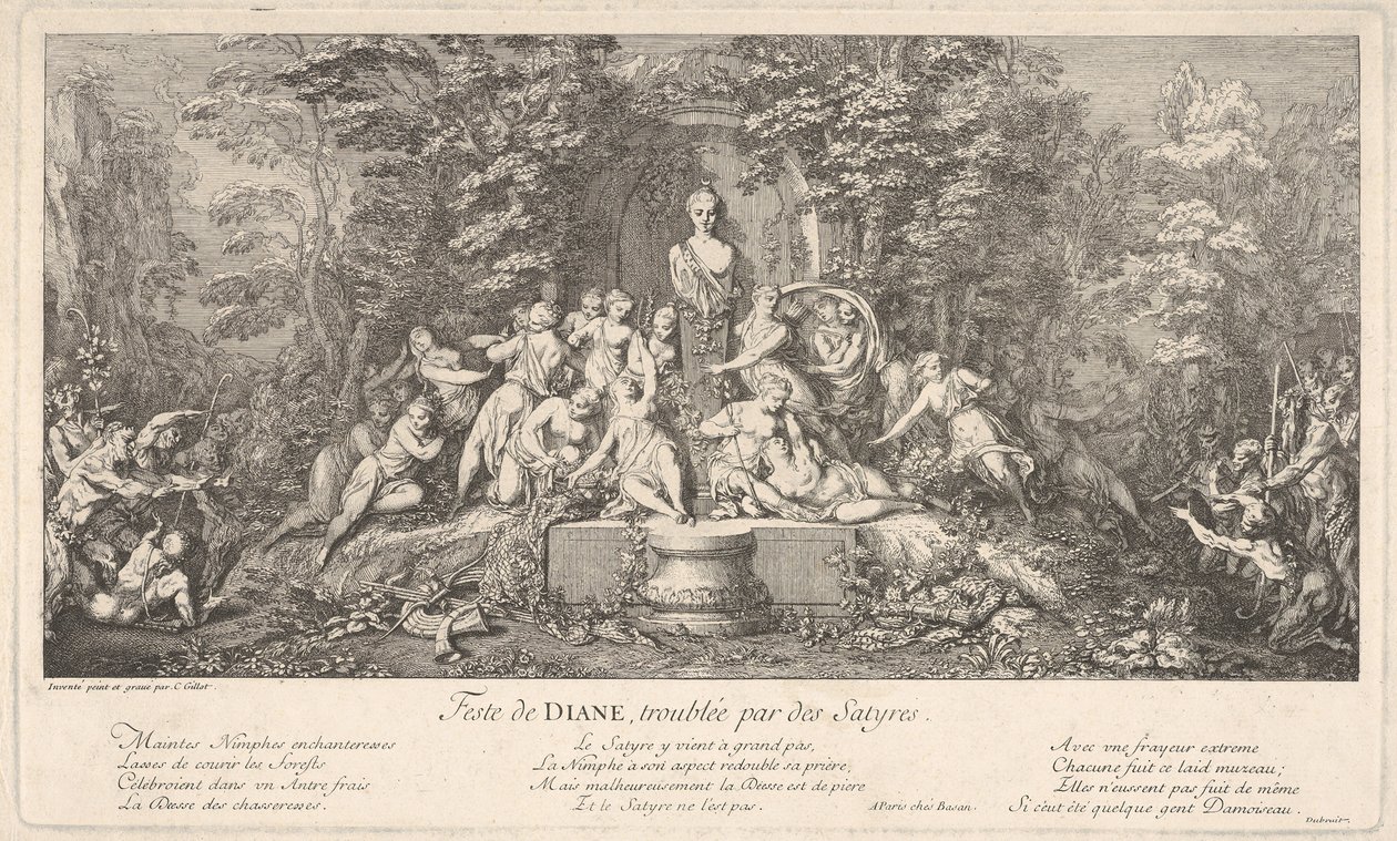 Dianafestivalen, avbruten av satyrerna Feste de Diana, perturbée par des Satyres..., ca. 1786. av Claude Gillot