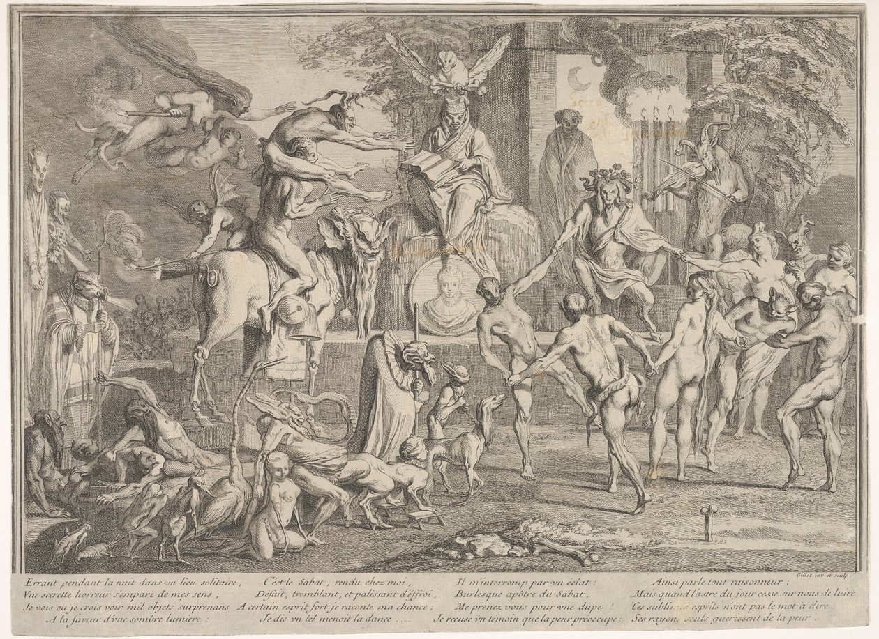 Witches Sabbath, i ett nattligt landskap, en necromancer sittande högst upp i mitten..., ca. 1700-1720. av Claude Gillot