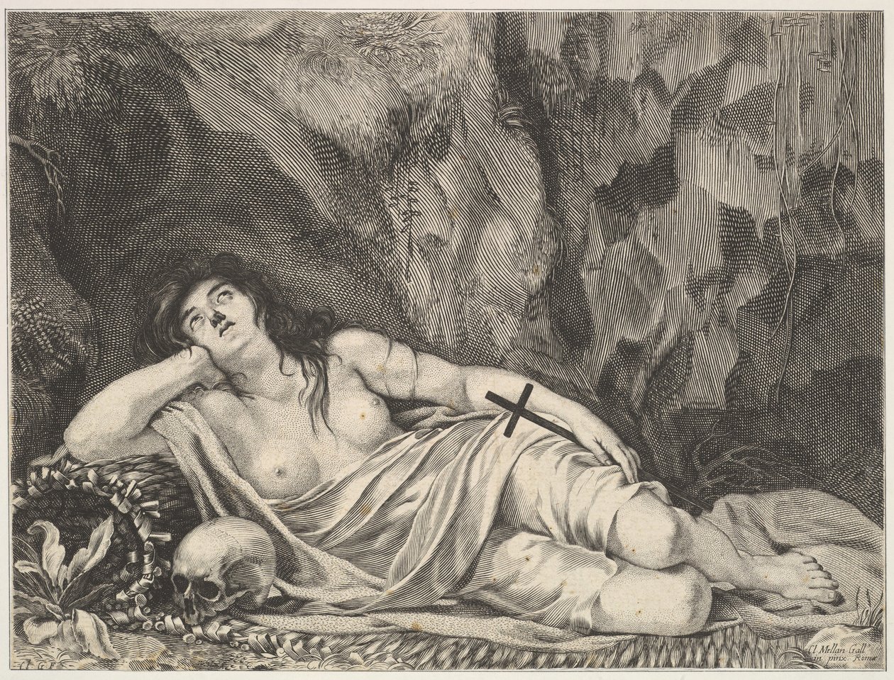 S:ta Maria Magdalena liggande i en grotta. av Claude Goyrand