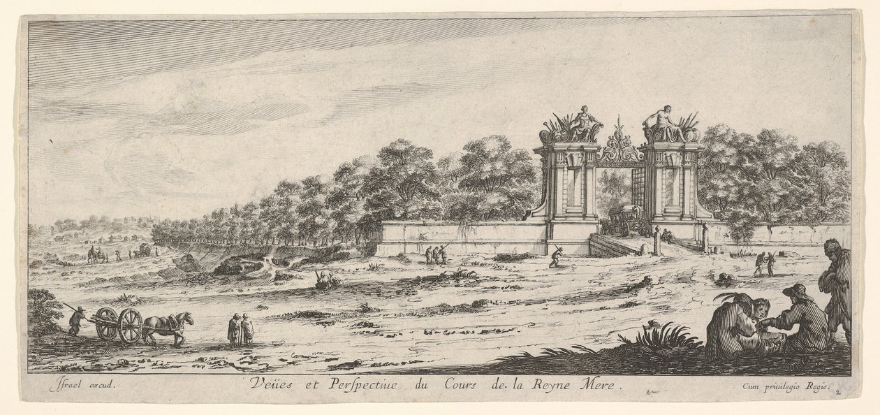 Utsikt över porten till drottningmoderns residens, från serien Views and new ..., ca. 1644. av Claude Goyrand