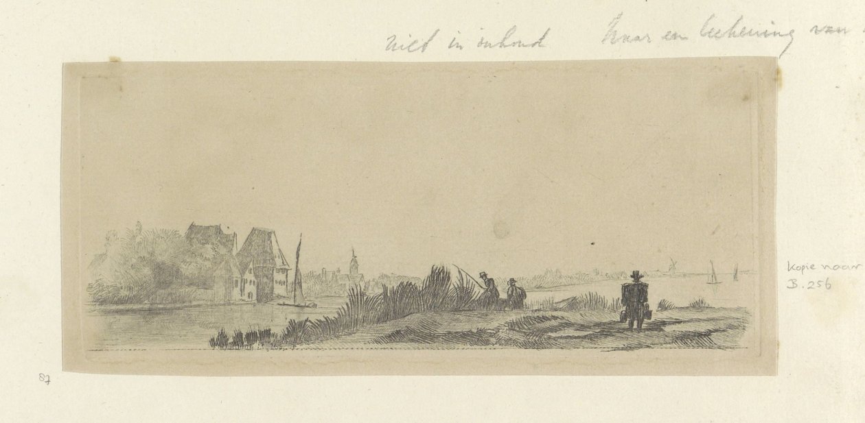 Landskap med kanal, sportfiskare och mjölkman Recueil de quatre-vingt-cinq estampes originales (serietitel) av Claude Henri Watelet (possibly)